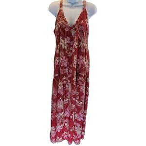 Millibon sz Large Maxi Sundress Red  Floral Whimsical Print Smocked Back